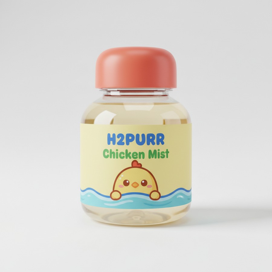 H2Purr Chicken Mist water bottle with a cartoon chicken beside a gentle wave