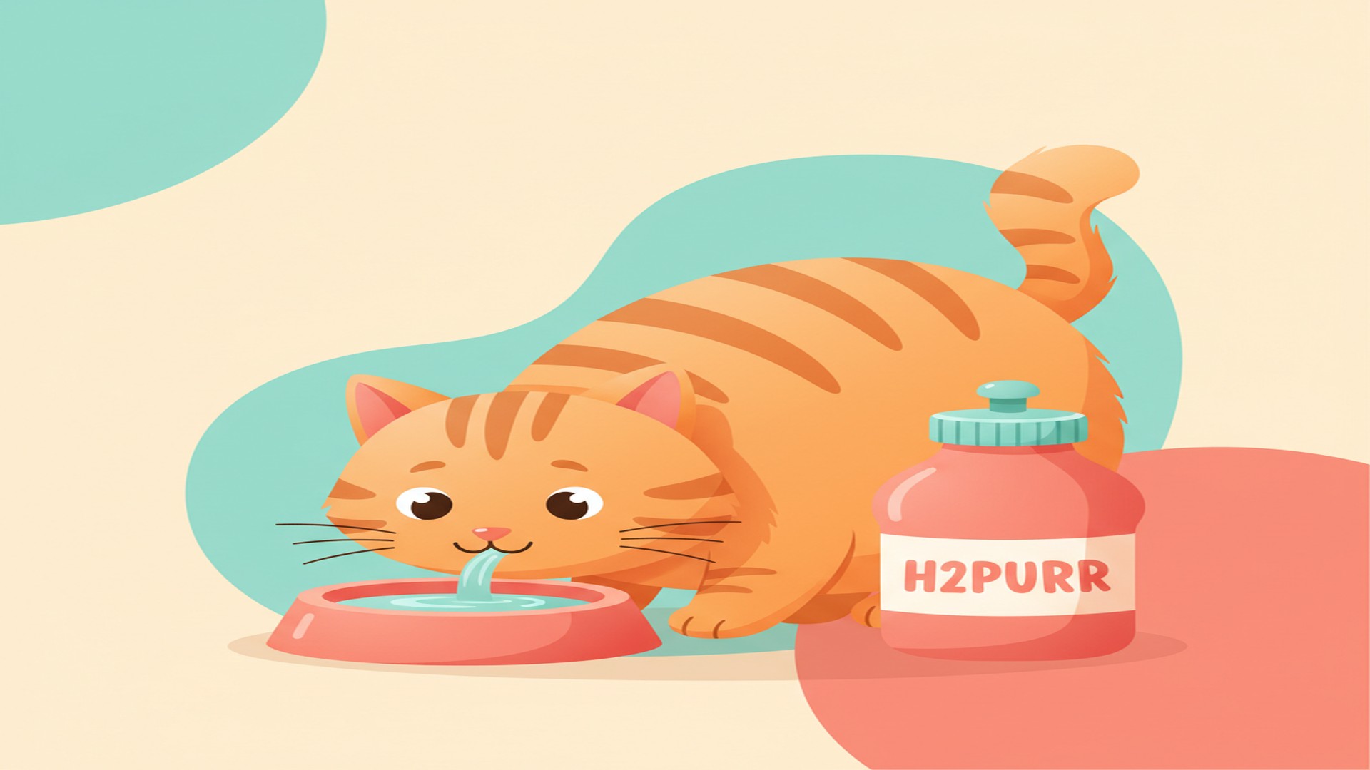 An orange tabby cat happily drinking H2Purr flavored water from a coral bowl