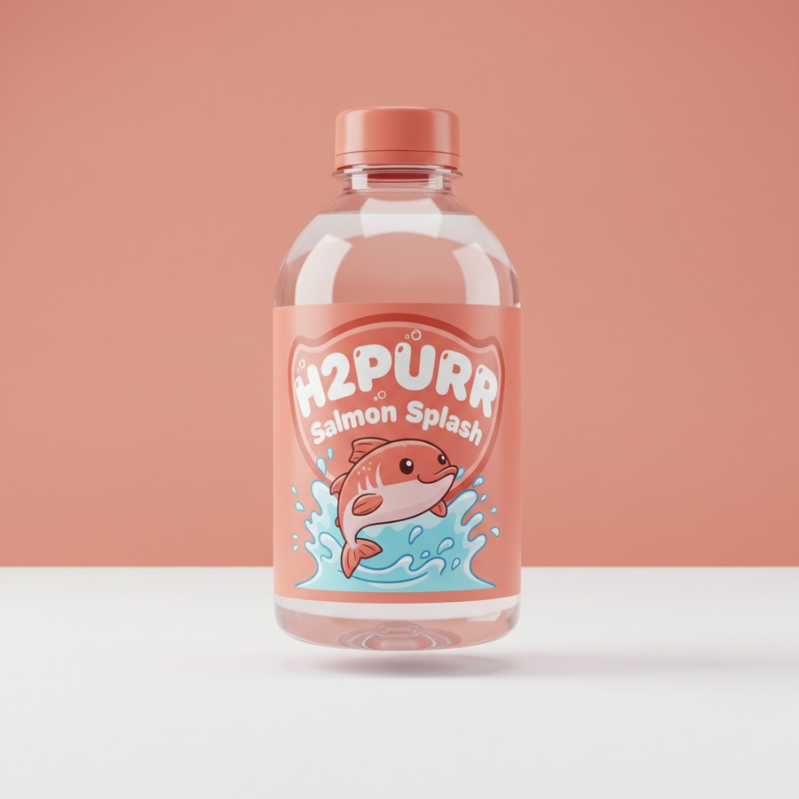H2Purr Salmon Splash water bottle with a cartoon salmon leaping through a splash