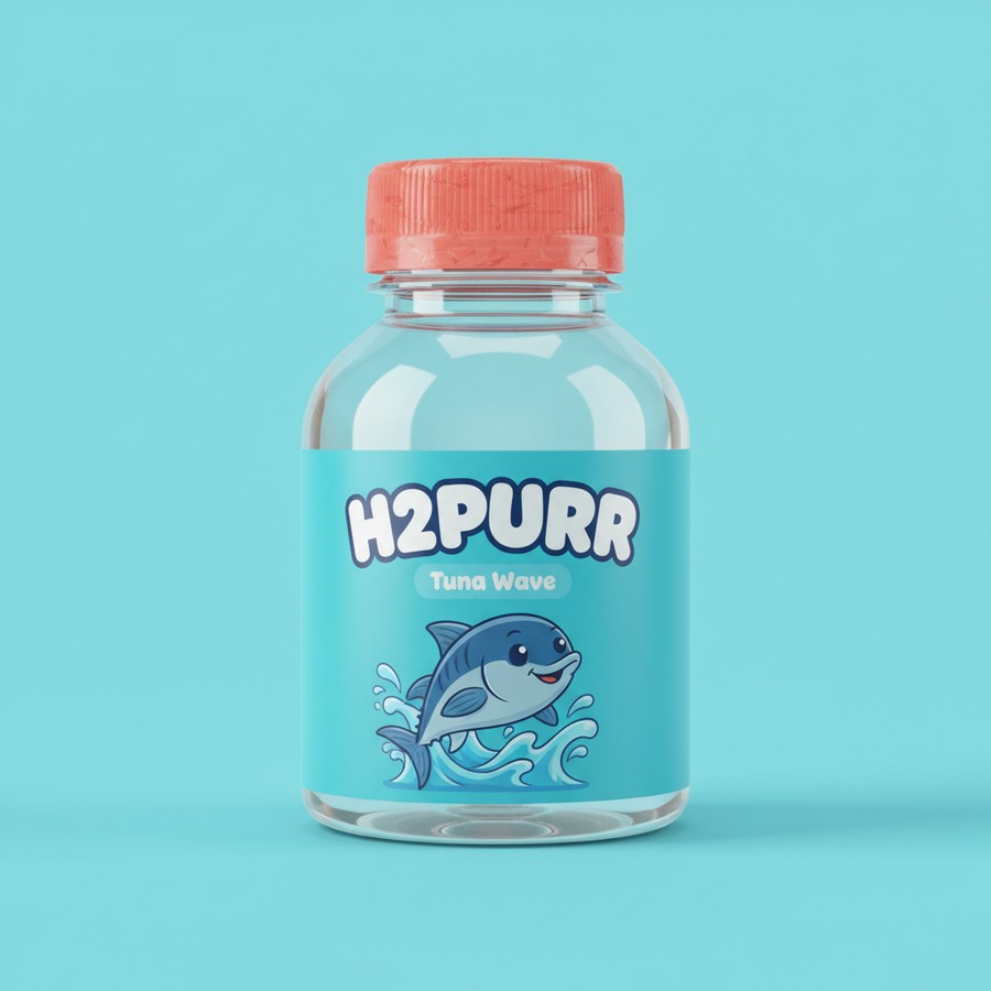 H2Purr Tuna Wave water bottle with a cartoon tuna jumping from a splash